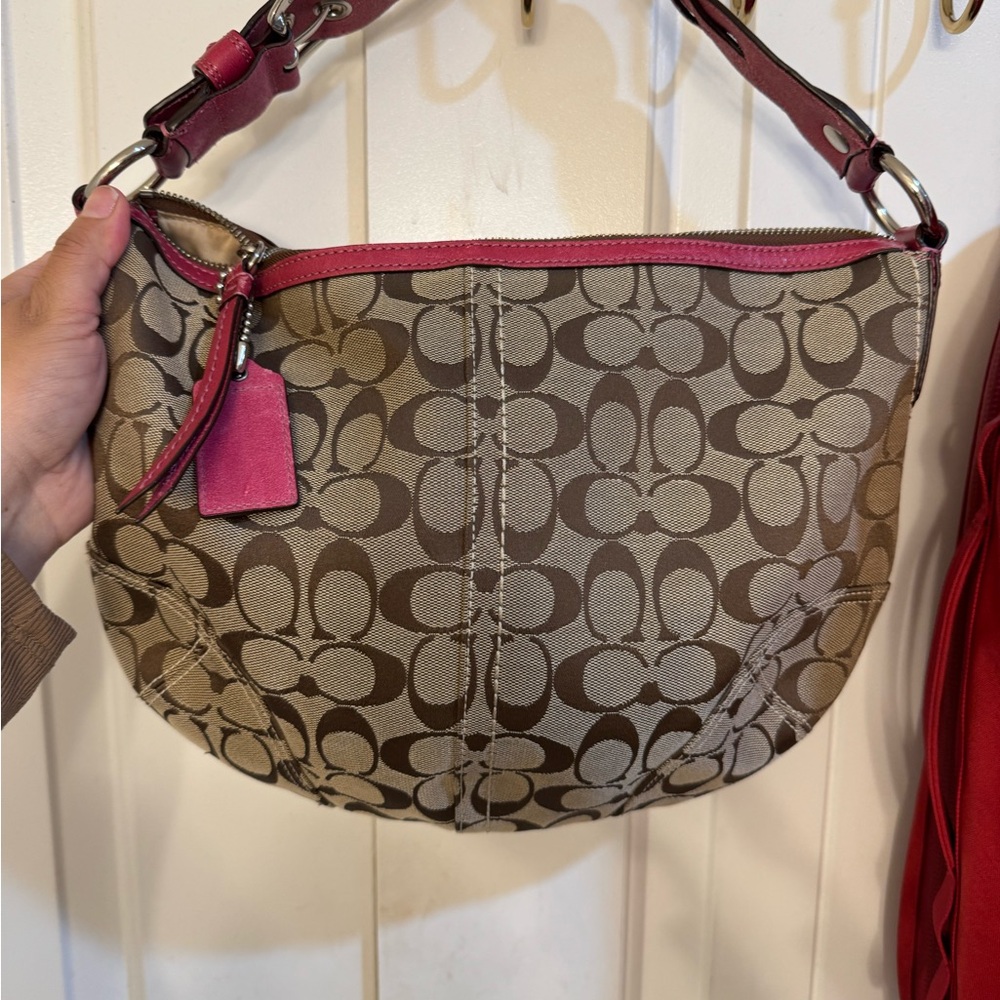 Coach Brown Signature Shoulder Hobo Bag with Pink Trim